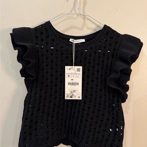 Zara Black Ruffled Open-Knit Sweater, size S, NWT